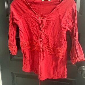 Red Ruched Bell Sleeve Blouse